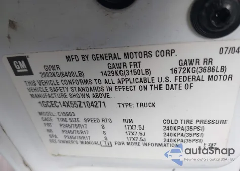 2005 Chevrolet Silverado 1500 Work Truck из США, поврежденный, VIN 1GCEC14X55Z104271